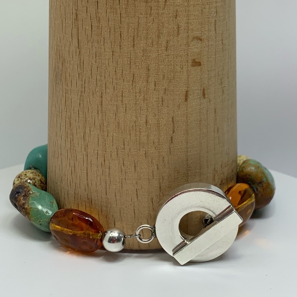 Vintage RAGE Sterling Silver, Turquoise & Carnelian Toggle Clasp Beaded Bracelet - Picture 6 of 15